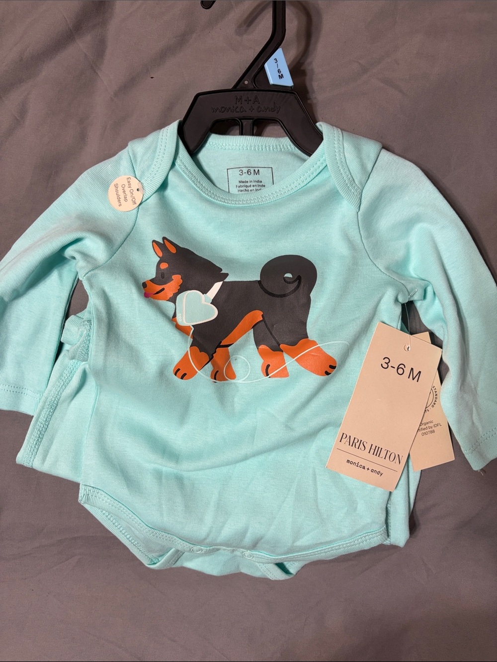 Paris Hilton Aqua Long-Sleeve Baby Onesie with Dog Graphic